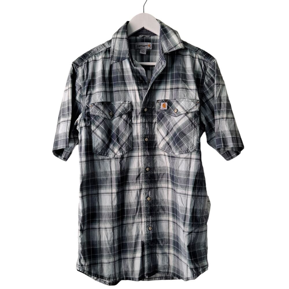 Carhartt Mens Relaxed Green Plaid Short Sleeve Snap Button Down Shirt - Size S